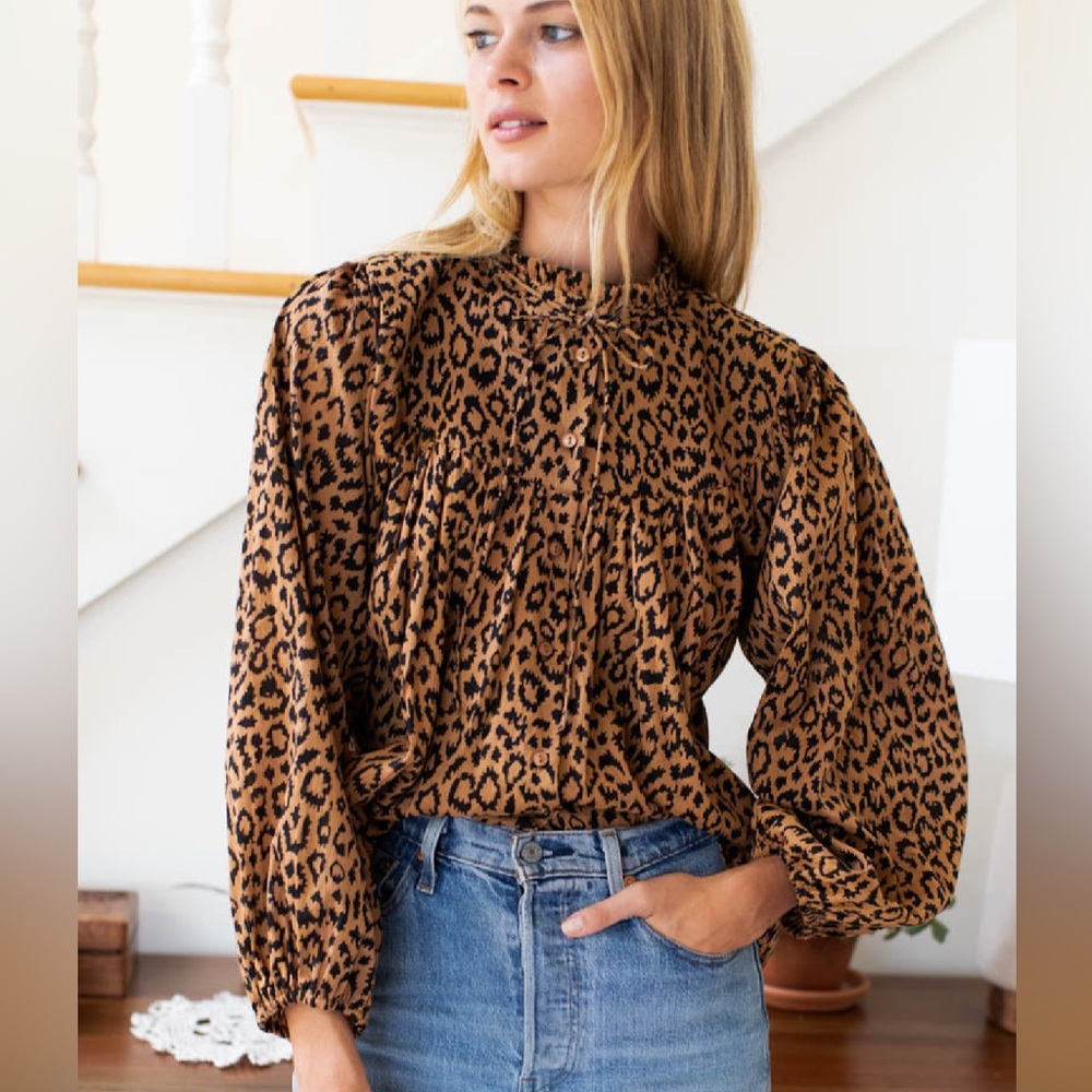 NWT Emerson Fry Emmaline Blouse Shirt Organic Cotton Leopard Print Large